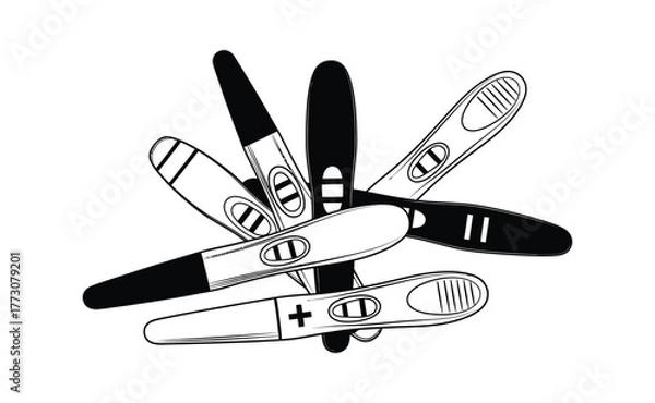 Obraz A collection of pregnancy tests, some showing positive results, are scattered in a pile.