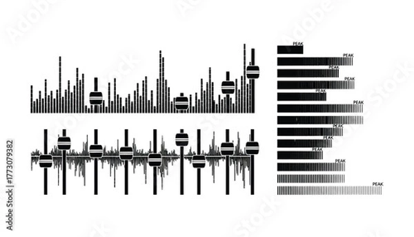 Fototapeta Abstract visualization of audio waveforms and sound equalizer settings against a white background.