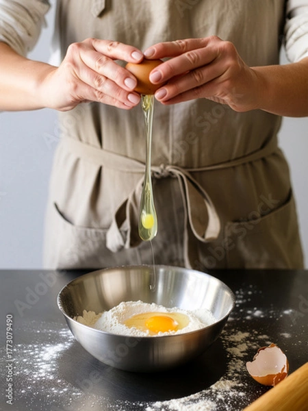 Obraz Person cracking an egg into a bowl of flour while baking in a cozy kitchen setting