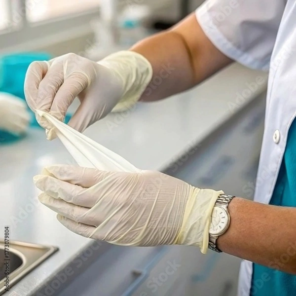 Obraz Medical action hands pulling disposable latex gloves in clinical setting close-up view healthcare concept