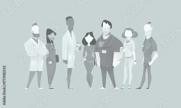 Obraz Vector illustration of seven medical professionals standing in a row — doctors, nurses, and healthcare staff in neutral tones, faceless characters for team or hospital design concepts.