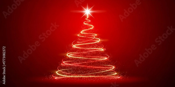 Fototapeta Glowing Holiday Tree on Red Background Festive Abstract Spirals Design Sparkly Star Winter Celebration Decorative Illustration Art