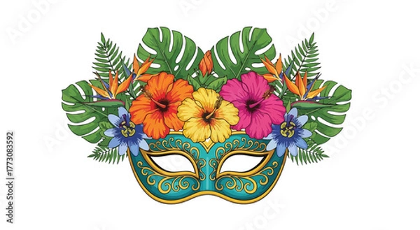 Fototapeta A turquoise mask adorned with vibrant hibiscus flowers and tropical foliage on a black background