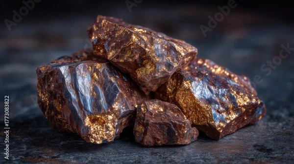 Obraz Close-up of raw metallic ore fragments displayed on a dark matte background, silver and copper tones glistening under controlled studio lighting