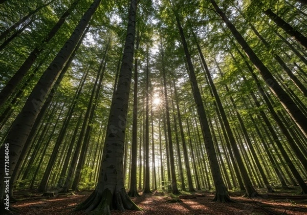 Fototapeta Dense stand of towering beech trees reaching toward the sunlight, illustrating sustainable forest management and natural woodland habitat, landscape, tall, silviculture