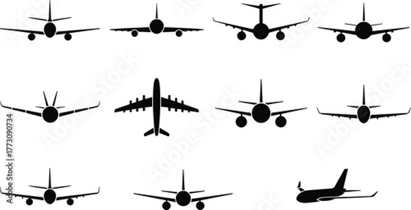 Obraz Airplane silhouette icon set, front view aircraft, jet plane vector, aviation graphic, black airplane shapes, flight illustration, flat vector illustration