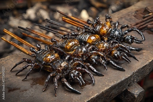 Fototapeta Grilled tarantulas on street food barbecue
