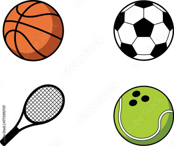 Fototapeta A collection of various sports equipment including a basketball, soccer ball, tennis racket, and bowling ball.