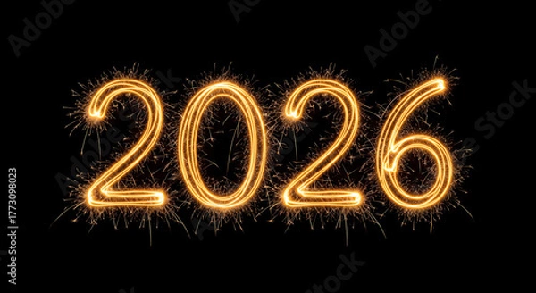 Obraz Sparkler text 2026. Golden New Year numbers isolated on a transparent black background