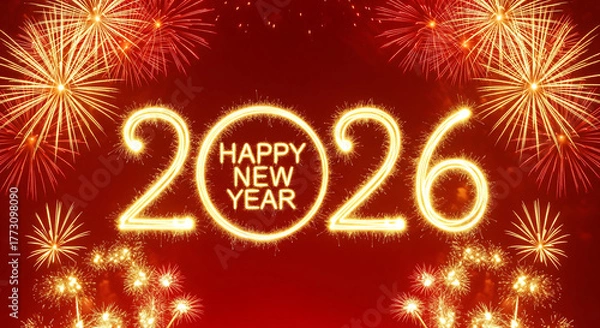 Obraz Happy New Year 2026 banner with sparkler typography and golden fireworks on a red background