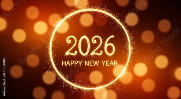 Obraz Happy New Year 2026 banner. Golden sparkler greeting on a warm festive bokeh background