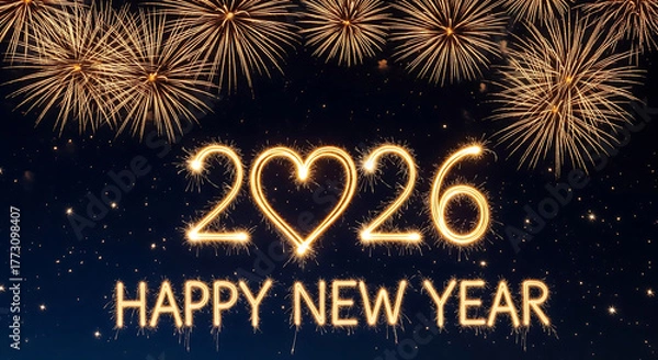 Obraz Happy New Year 2026 card with a heart, sparklers, and fireworks on a night sky background