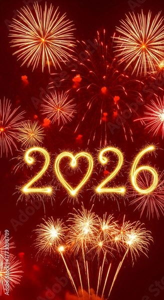 Obraz Happy New Year 2026 with heart. Vertical phone wallpaper with festive red fireworks