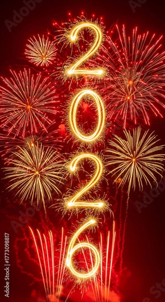 Obraz Happy New Year 2026. Vertical sparkler numbers against a festive red fireworks background.