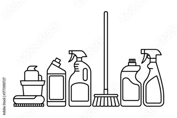 Fototapeta A collection of cleaning supplies including spray bottles, detergent, and a broom.