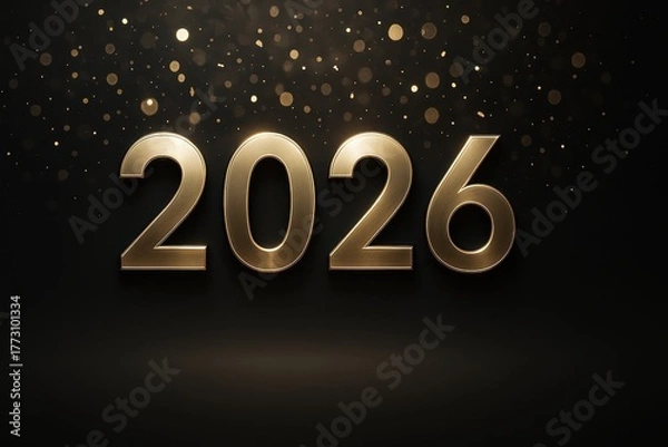 Fototapeta Elegant New Year 2026 numerals with glitter confetti on dark luxury backdrop