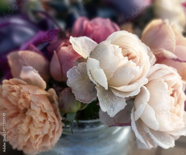 Fototapeta Frosted roses bouquet in vase, pastel tones, autumn winter floral arrangement, seasonal decoration, nature background, holiday design element, copy space, frosty petals, romantic still life