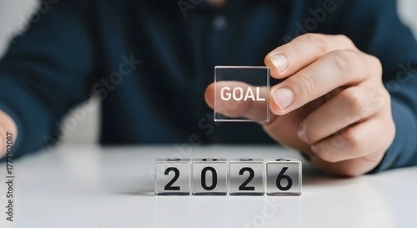 Fototapeta Hand holding transparent cube with word goal above 2026 number blocks, concept of new year planning and business success target