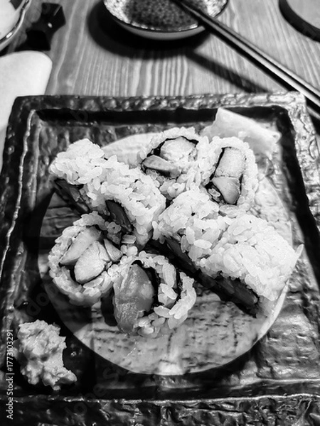 Fototapeta Typical food in a Japanese restaurant, an expression of the culinary art developed in Japan.