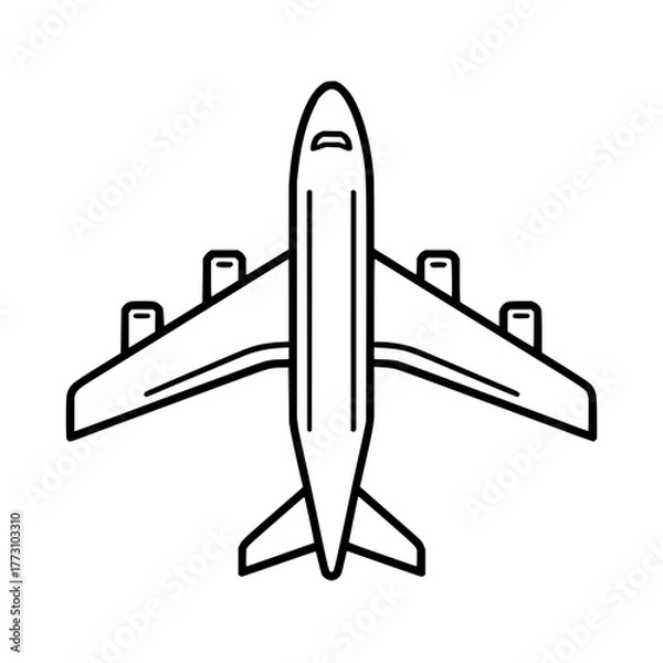 Fototapeta Outline illustration of a passenger airplane with four engines seen from above in a simple design