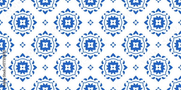 Obraz Blue geometric seamless pattern, Mediterranean Ceramic. Sicilian, Portuguese, Spanish tile traditional design, porcelain pottery. Vector isolated on white background