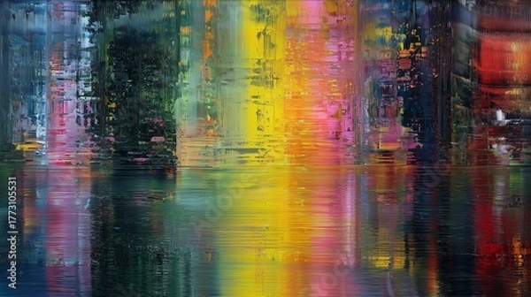 Fototapeta Colorful reflections on water create a vibrant abstract scene in the evening light
