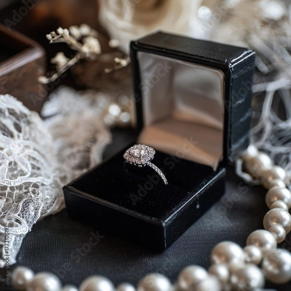 Obraz A diamond engagement ring displayed in an open black velvet ring box with a white satin interior. 