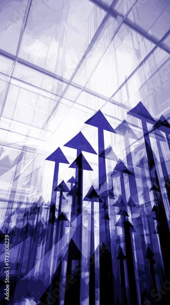 Fototapeta 右肩上がりの抽象的なアローグラフ、目標達成へ向かう上昇イメージ