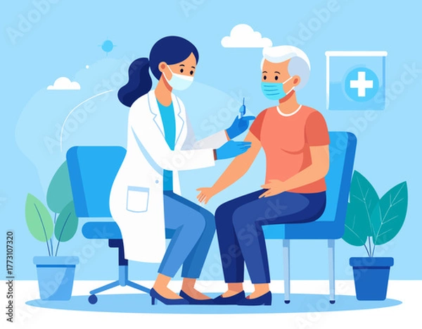 Fototapeta A doctor wearing a mask and gloves administers a vaccine to an elderly patient who is seated in a chair.