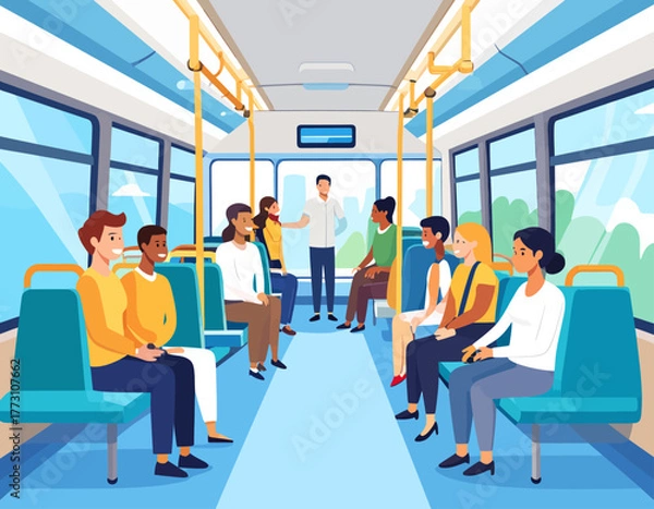 Fototapeta Illustration of diverse passengers inside a modern bus, some sitting and some standing, traveling together.