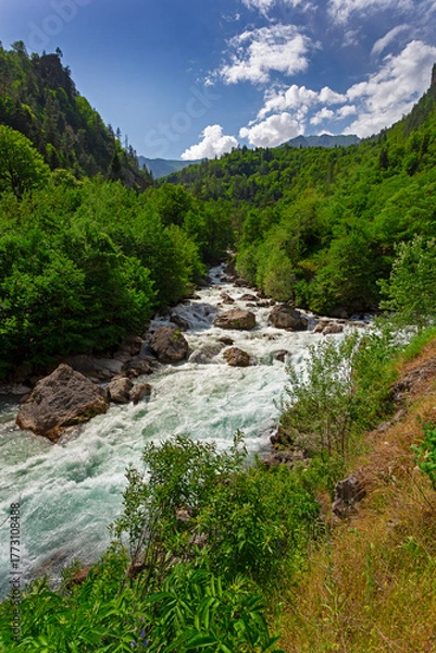 Fototapeta Landscape in Abkhazia with Caucasian ridge and river