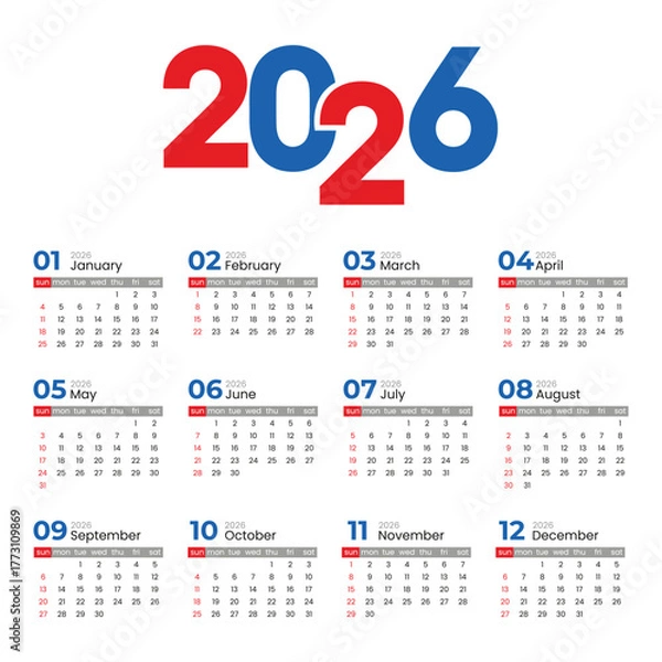 Fototapeta Calendar 2026 template, week starts on sunday, vector illustration twelve months yearly calendar set in 2026