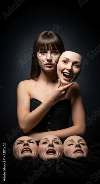Fototapeta Young woman holding a happy face mask, her own face shows cracks, contemplating many emotional personas for social interaction and true self expression.
