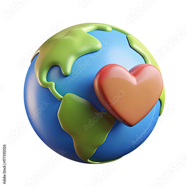 Fototapeta Stylized 3d earth globe with a warm orange heart symbol placed on its surface isolated on transparent background