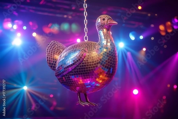 Fototapeta 3D Disco Ball Turkey – Funny Thanksgiving Concept with Colorful Stage Lights and Thanksgiving Party Vibes