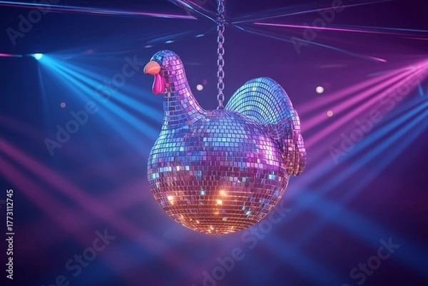 Obraz Thanksgiving Just Got Funky – Shiny Disco Ball Turkey with Stage Lights, Thanksgiving Party