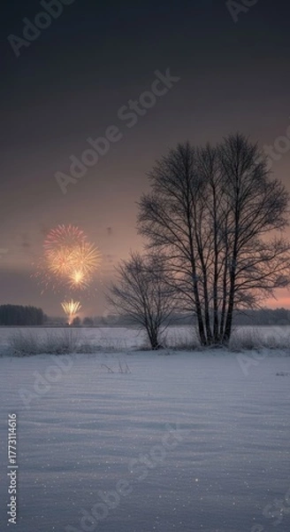 Fototapeta Winter Celebration: Fireworks Illuminating a Snowy Field and Bare Trees at Dusk