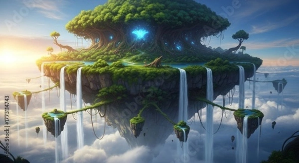 Fototapeta Majestic Floating Islands and the Ancient Glowing Tree, a Serene Fantasy World Above the Clouds with Cascading Waterfalls and Lush Green Landscapes