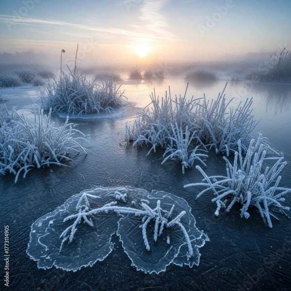 Fototapeta Misty Winter Sunrise over Frozen Lake with Frosted Reeds and Ice Patterns, Capturing the Tranquil Beauty of a Cold Morning Landscape