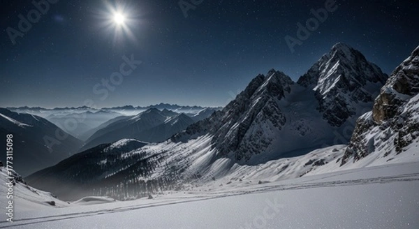 Fototapeta Moonlit Winter Wonderland: Majestic Snow-Capped Mountains Under a Starry Night Sky with Glistening Snow and Distant Peaks