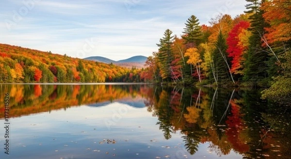 Fototapeta Vibrant Autumn Foliage Reflected in Tranquil Lake with Distant Mountains Under a Clear Sky