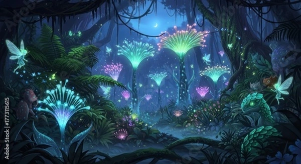 Fototapeta Enchanting Bioluminescent Forest at Night with Fairies, Glowing Flora, and Fantasy Creatures
