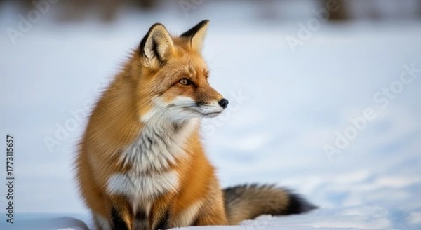 Fototapeta Majestic Red with Vibrant Fur and White Chest Sitting in Snowy Winter Landscape