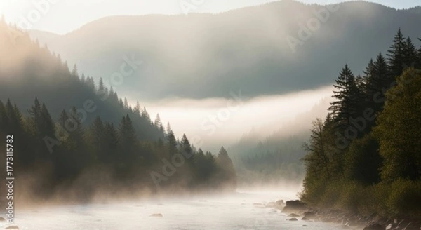 Fototapeta Golden Morning Mist Shrouds a Peaceful River and Evergreen Forests in a Mountain Valley, Bathed in Soft Sunrise Light.