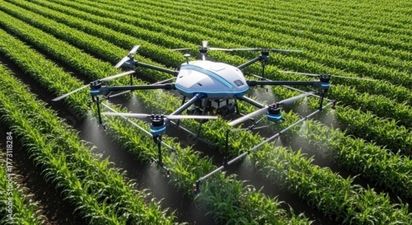 Fototapeta Crop-dusting drone flying above a cultivated field spraying crops