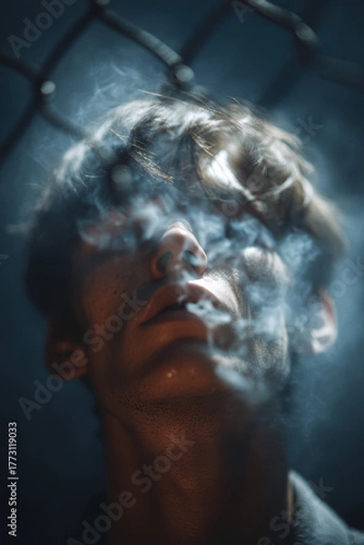 Fototapeta Melancholic Young Man Lost in Smoke Amidst Urban Decay for Reflection or Isolation Concept