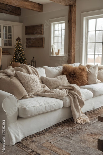 Fototapeta A bright living room with a soft white sofa, fluffy pillows, and warm blankets creates a peaceful and cozy atmosphere. Gentle winter light filters through the windows, and a small Christmas tree stand