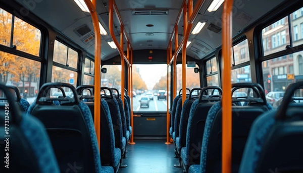 Fototapeta Empty public bus interior view, looking forward. Blue patterned seats, bright orange grab poles line aisle. Road with cars, city buildings, yellow autumn trees visible through windows. Urban public