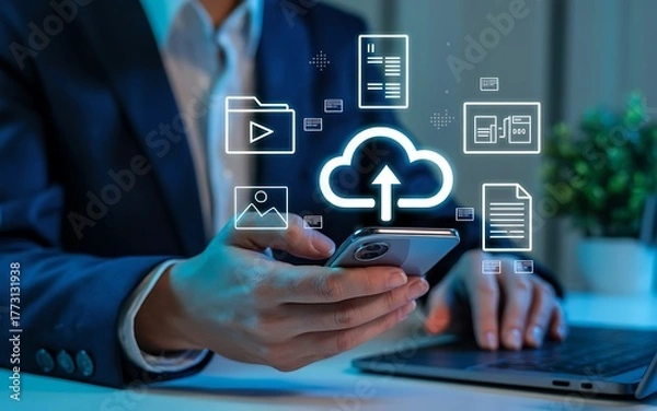 Fototapeta Person using smartphone with cloud storage and document icons for data management technology mobile phone