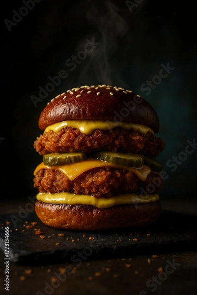 Obraz Steaming double fried chicken burger with pickles